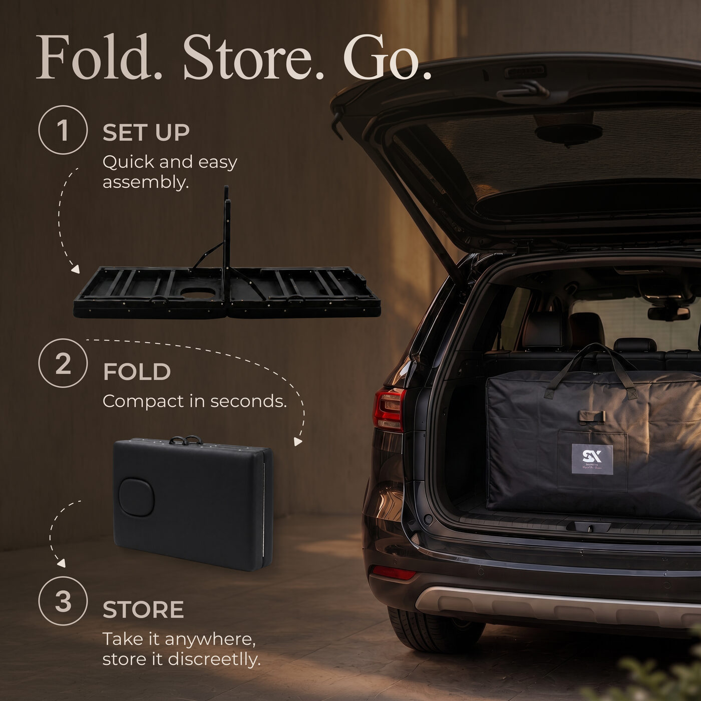 Fold, store, go — quick assembly and compact storage