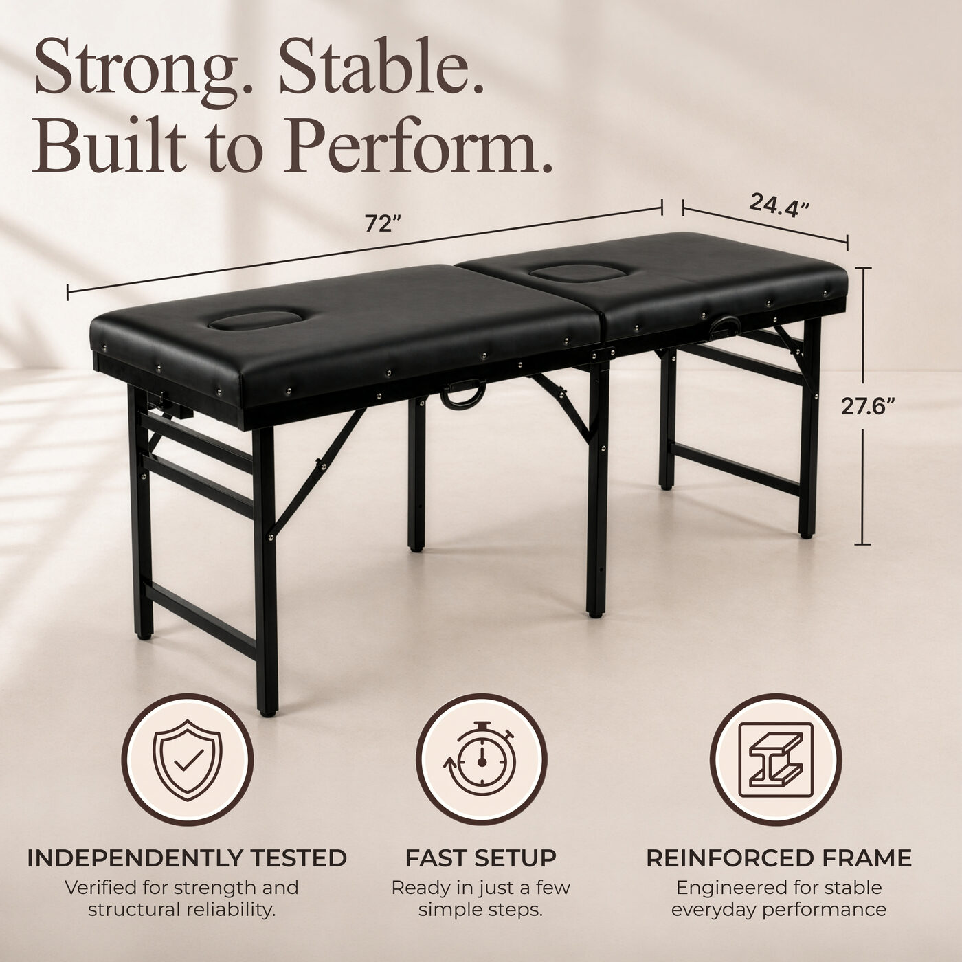 Strong, stable, built to perform — 72 x 24.4 x 27.6 inches, reinforced frame